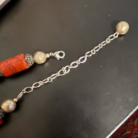 Red Coral Silver Bead Necklace Chunky Ethnic Tribal - Picture 8 of 8